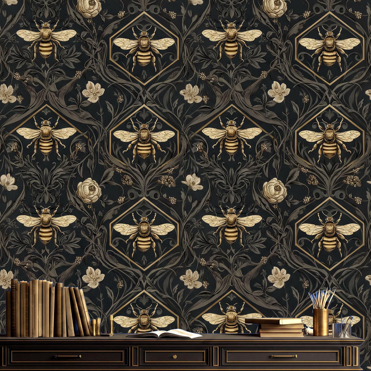 a dark, ornate wallpaper with a repeating pattern of bees and flowers. The wallpaper is set against a dark background, creating a striking contrast. On a wooden desk, there are several books and a vase, suggesting a workspace or study area.