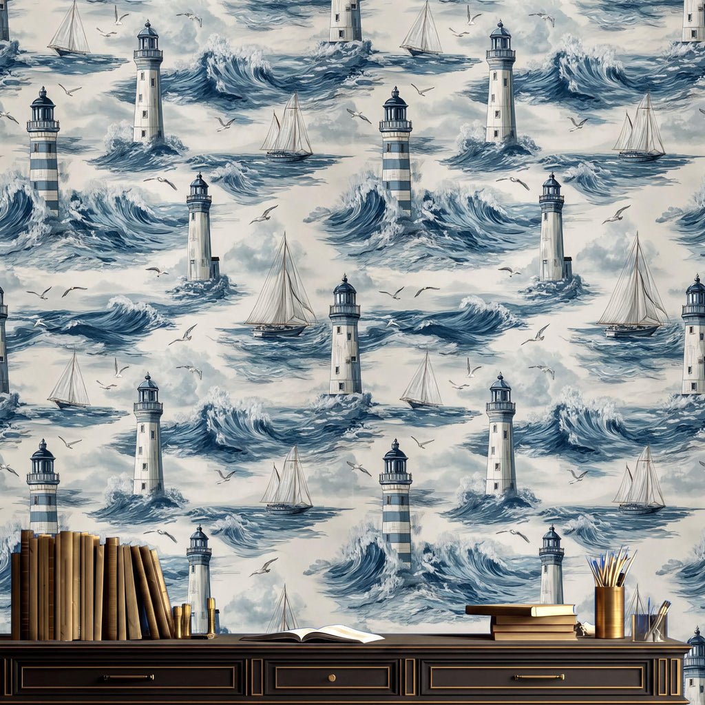 a wallpaper pattern with a nautical theme, depicting lighthouses, waves, and sailboats. The wallpaper is predominantly blue and white, creating a serene and calming atmosphere. In the foreground, there is a wooden desk with a bookshelf and a cup, suggesting a workspace or study area.