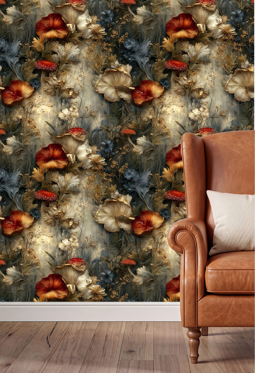a vibrant floral wallpaper with a mix of red, orange, and green colors, creating a warm and inviting atmosphere. The wallpaper is displayed on a wall, and a brown leather armchair is positioned next to it, suggesting a cozy and comfortable living space.