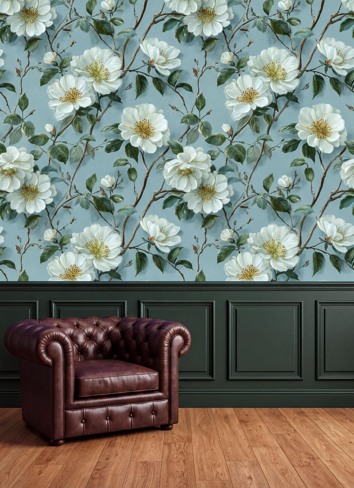 a brown leather armchair positioned in front of a wall with a floral wallpaper pattern.