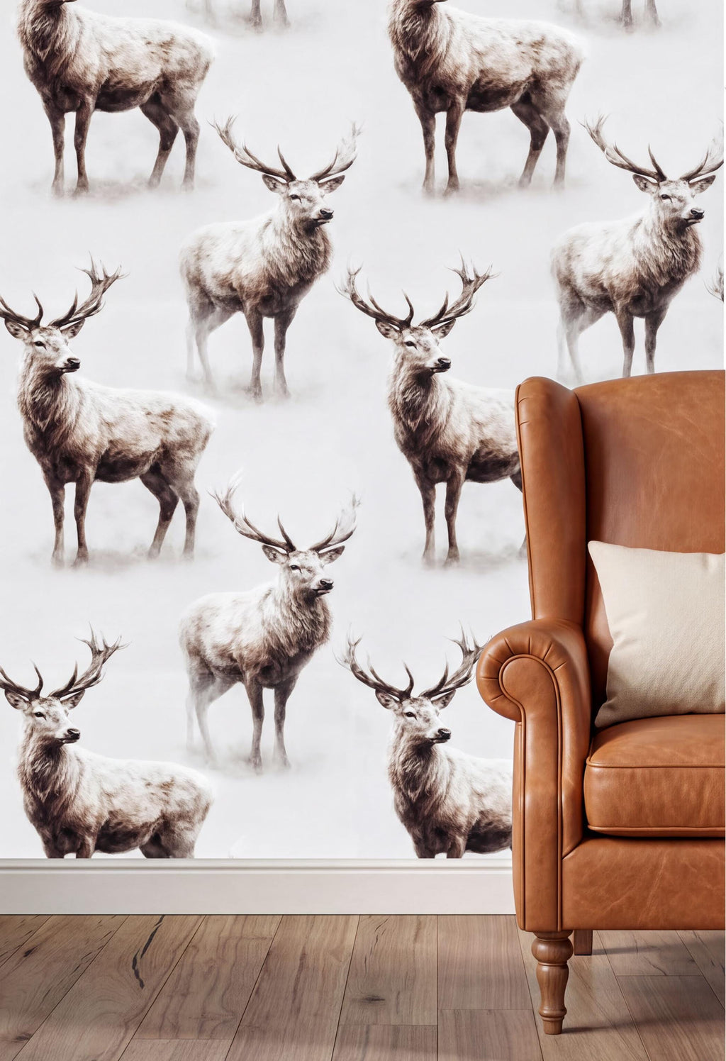a wallpapered wall with a repeating pattern of deer silhouettes, creating a striking visual effect. In the foreground, there is a brown leather armchair, providing a cozy seating area.