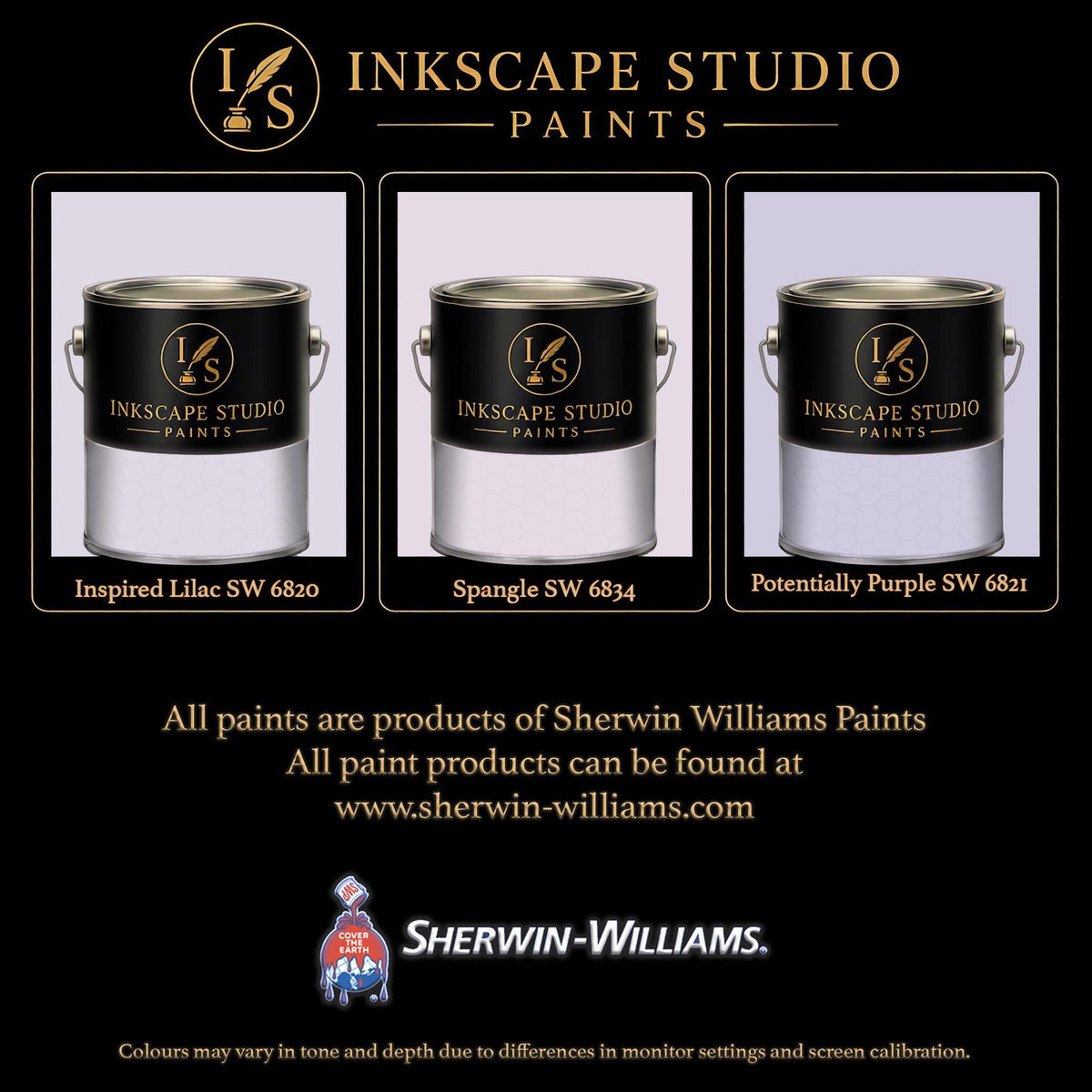 The image is an advertisement for Sherwin Williams paints, featuring three different paint cans with the company's logo.
