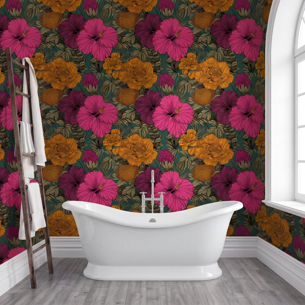 a bathroom with a white freestanding bathtub in the center, surrounded by a vibrant floral wallpaper. The wallpaper is a mix of pink, orange, and green hues, creating a lively and colorful atmosphere. A wooden ladder is leaning against the wall, adding a rustic touch to the overall design.