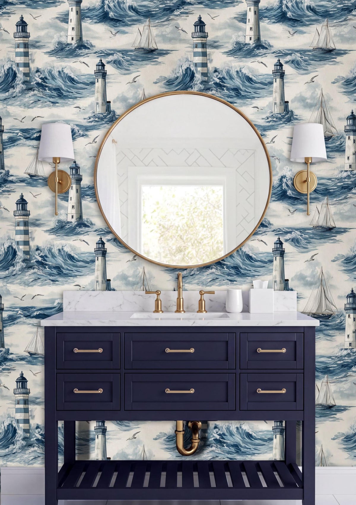 a bathroom with a blue and white nautical-themed wallpaper, a black vanity with gold fixtures, and a round mirror above the vanity.