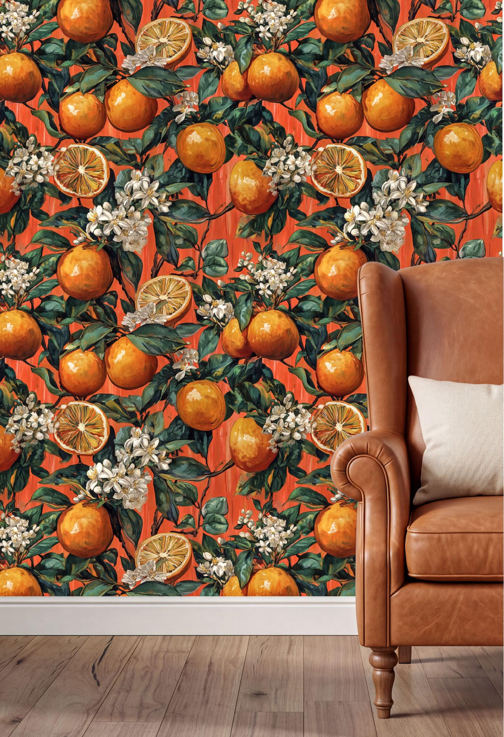 a vibrant orange and white floral wallpaper with a repeating pattern of oranges and white flowers. The wallpaper is set against a brown leather armchair, creating a warm and inviting atmosphere.