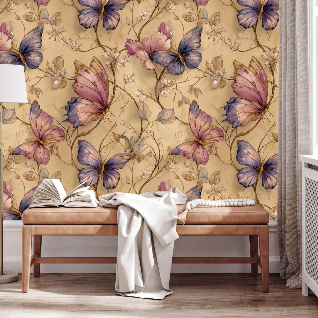 a wallpapered wall with a floral design of butterflies and flowers in shades of pink, purple, and yellow. In front of the wall, there is a wooden bench with an open book and a white blanket draped over it.