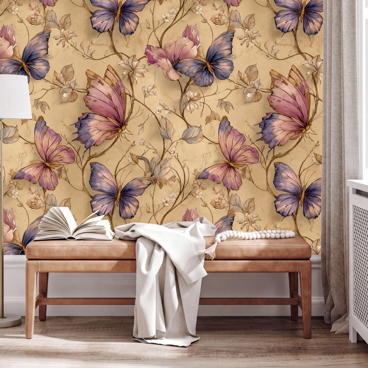a wallpapered wall with a floral design of butterflies and flowers in shades of pink, purple, and yellow. In front of the wall, there is a wooden bench with an open book and a white blanket draped over it.