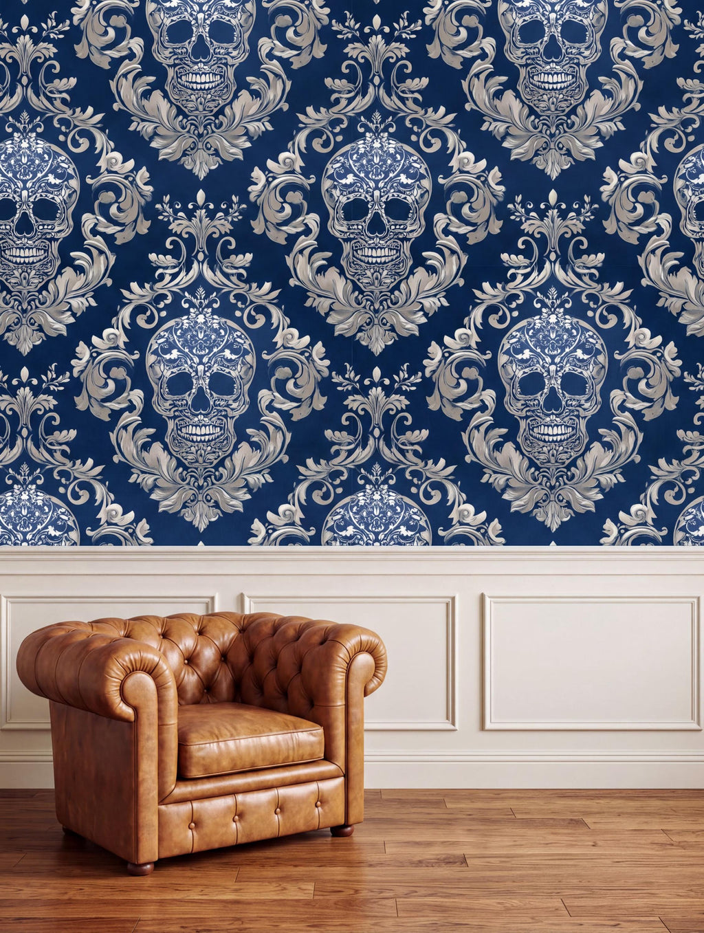 a brown leather armchair positioned in front of a wall with a repeating pattern of blue and white skulls on a dark blue background.