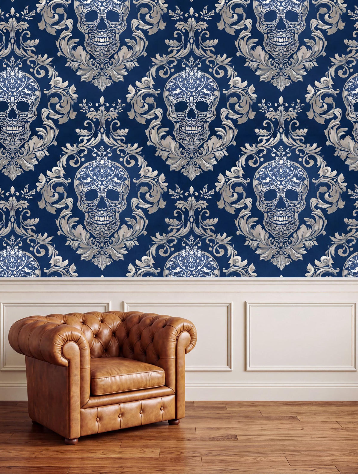 a brown leather armchair positioned in front of a wall with a repeating pattern of blue and white skulls on a dark blue background.