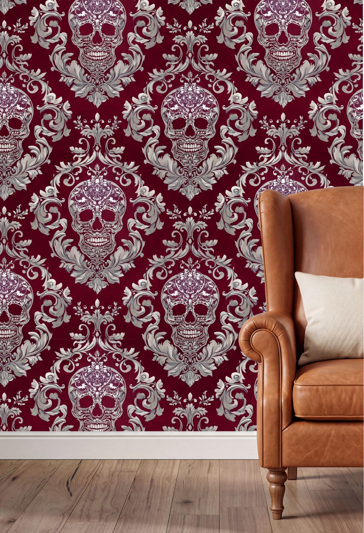 a red wall with a repeating pattern of white skulls and floral designs, creating a striking and bold visual effect. In the foreground, there is a brown leather armchair with a white pillow on it, providing a cozy and inviting atmosphere.