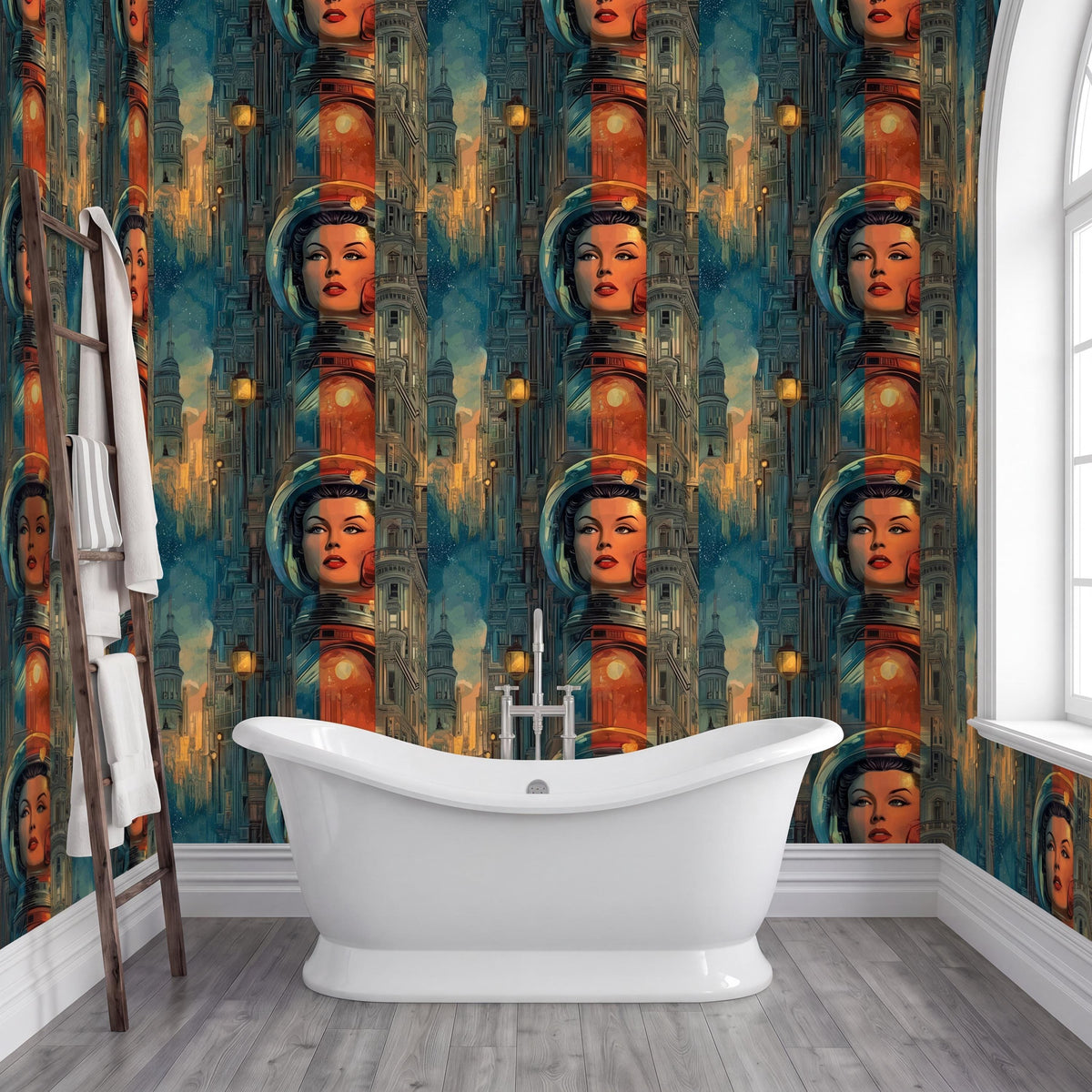 a bathroom with a white bathtub in the center, surrounded by a vibrant, colorful wallpaper with multiple images of women's faces.