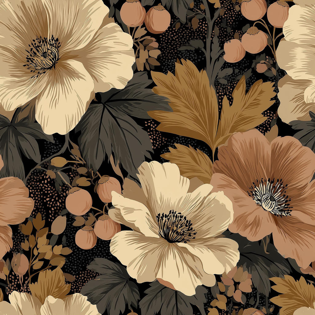 The image is a vibrant and detailed floral pattern featuring large, colorful flowers in shades of white, beige, and brown, along with various leaves and berries in shades of green and brown. The overall composition is visually striking and showcases the beauty of nature.
