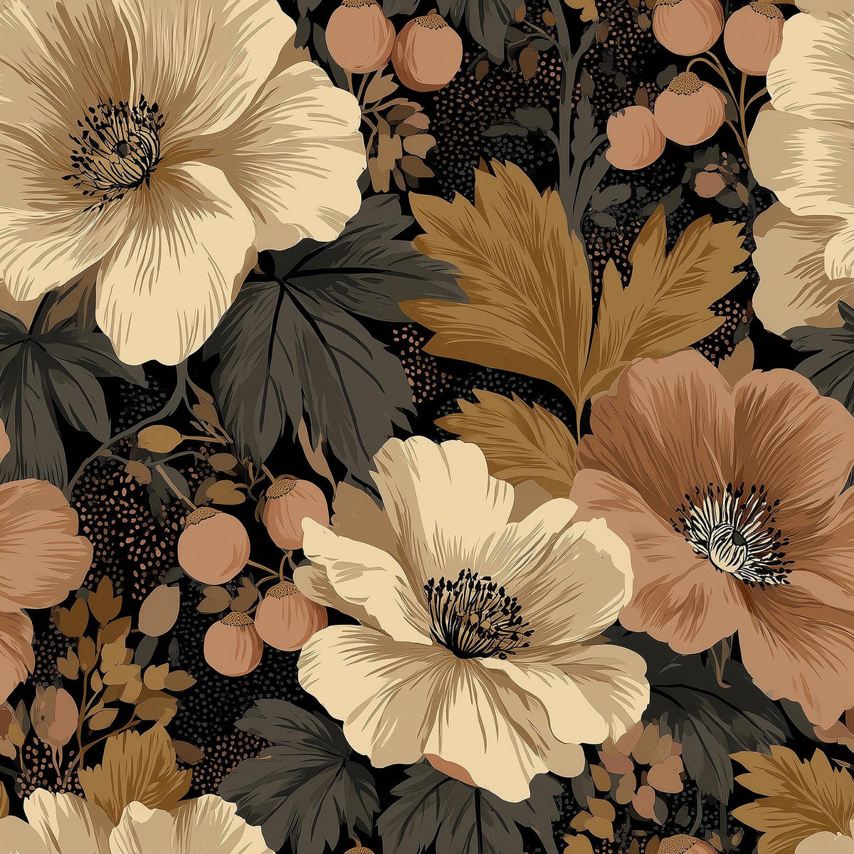 The image is a vibrant and detailed floral pattern featuring large, colorful flowers in shades of white, beige, and brown, along with various leaves and berries in shades of green and brown. The overall composition is visually striking and showcases the beauty of nature.