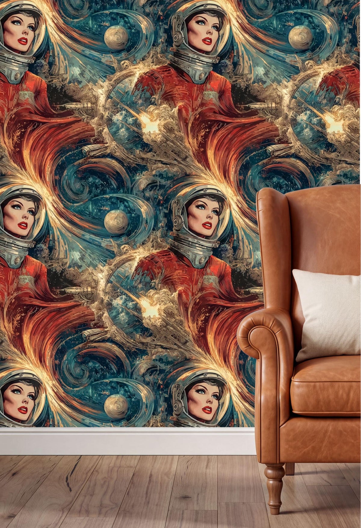 a vibrant, colorful wallpaper with a repeating pattern of a woman's face wearing a helmet, surrounded by swirling cosmic elements. The wallpaper is set against a brown leather armchair, creating a striking contrast between the bold, artistic design and the more traditional, comfortable seating.
