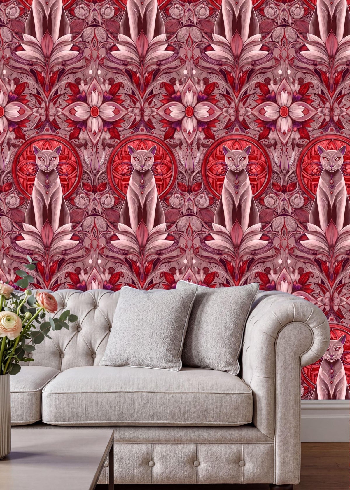 a white sofa with a floral patterned wallpaper behind it. The sofa is positioned in front of a coffee table, creating a cozy and inviting living space.