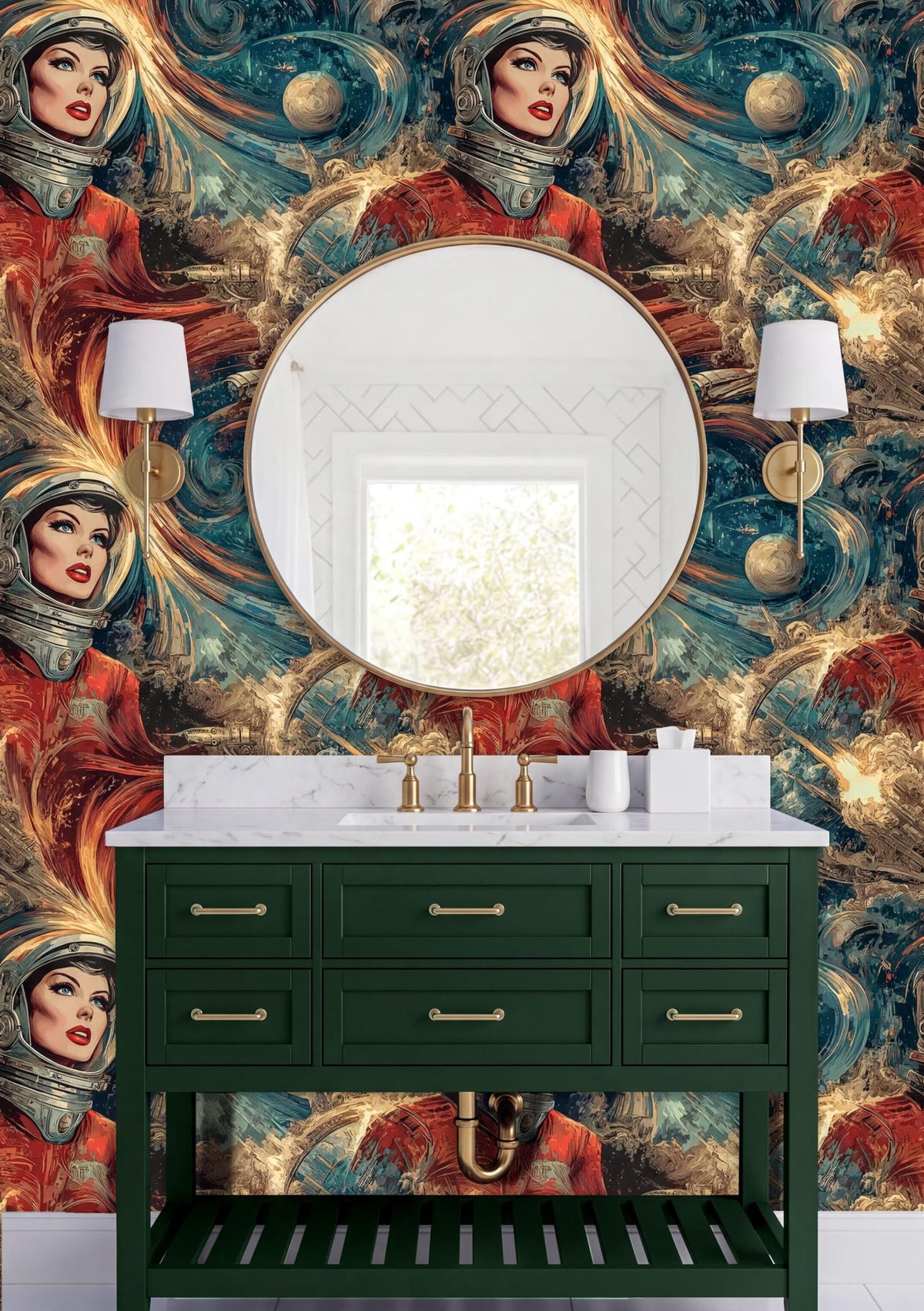 a bathroom with a green vanity and a round mirror above it. The wall behind the vanity has a vibrant, cosmic-themed wallpaper with images of women in spacesuits.