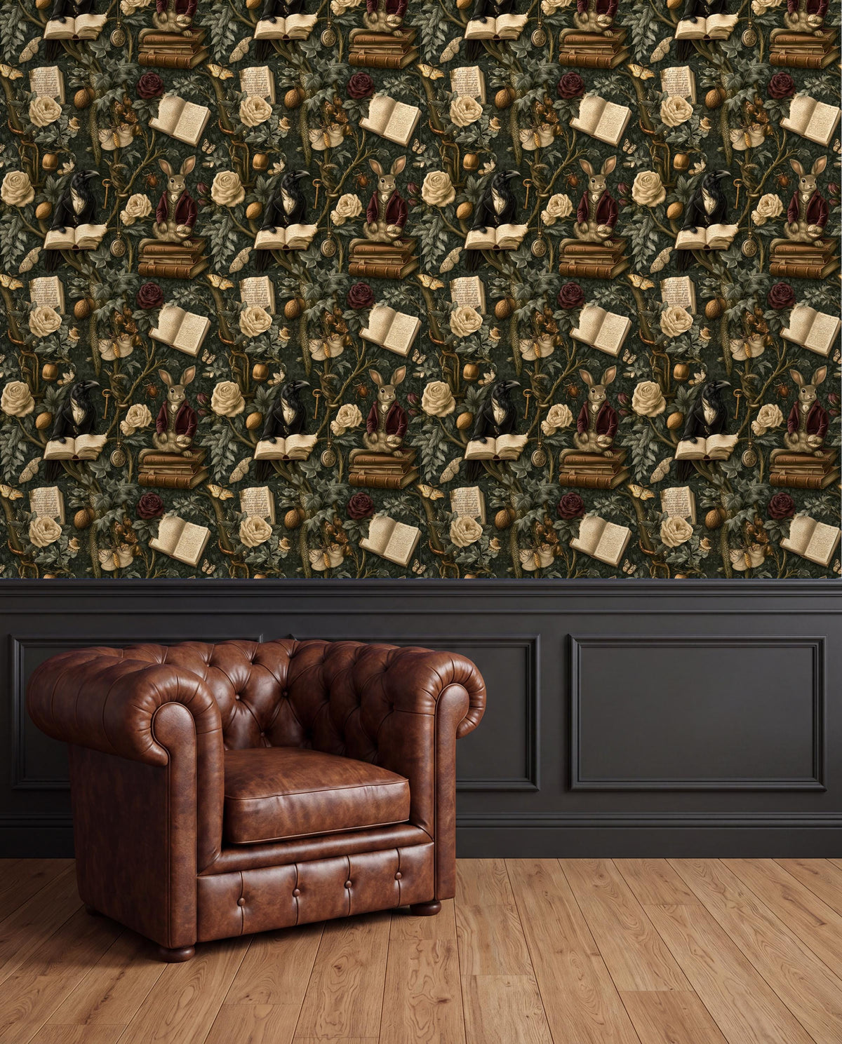 a brown leather armchair positioned in front of a wall with a repeating pattern of books, flowers, and other decorative elements.