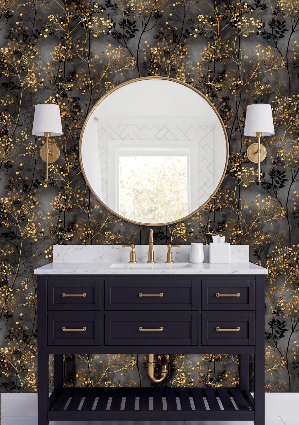 a bathroom vanity with a black cabinet, a round mirror, and two wall sconces. The vanity has a white countertop and is set against a wall with a gold and black floral wallpaper.