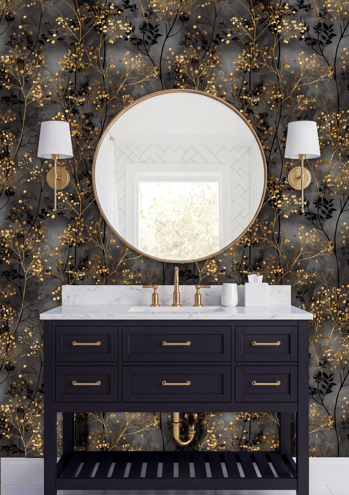 a bathroom vanity with a black cabinet, a round mirror, and two wall sconces. The vanity has a white countertop and is set against a wall with a gold and black floral wallpaper.