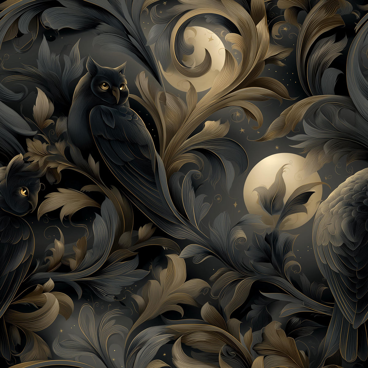 The image is a highly detailed and intricate digital illustration featuring a black owl surrounded by ornate, swirling patterns in shades of black, gold, and white. The owl is positioned in the center of the image, with its wings spread wide, and the background is filled with a dark, starry night sky. The overall composition is visually striking and captivating, with the owl as the focal point.
