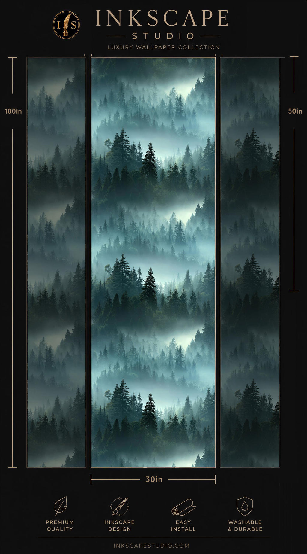 The image is a collage of three vertical images depicting a forest scene with a misty, foggy atmosphere. The images are arranged in a vertical format, with the tallest image on the left and the shortest on the right. The image on the left is labeled as a "Premium Quality" and the one on the right is labeled as a "Luxury Wallpaper Collection". The image on the right is labeled as "Easy to Install".