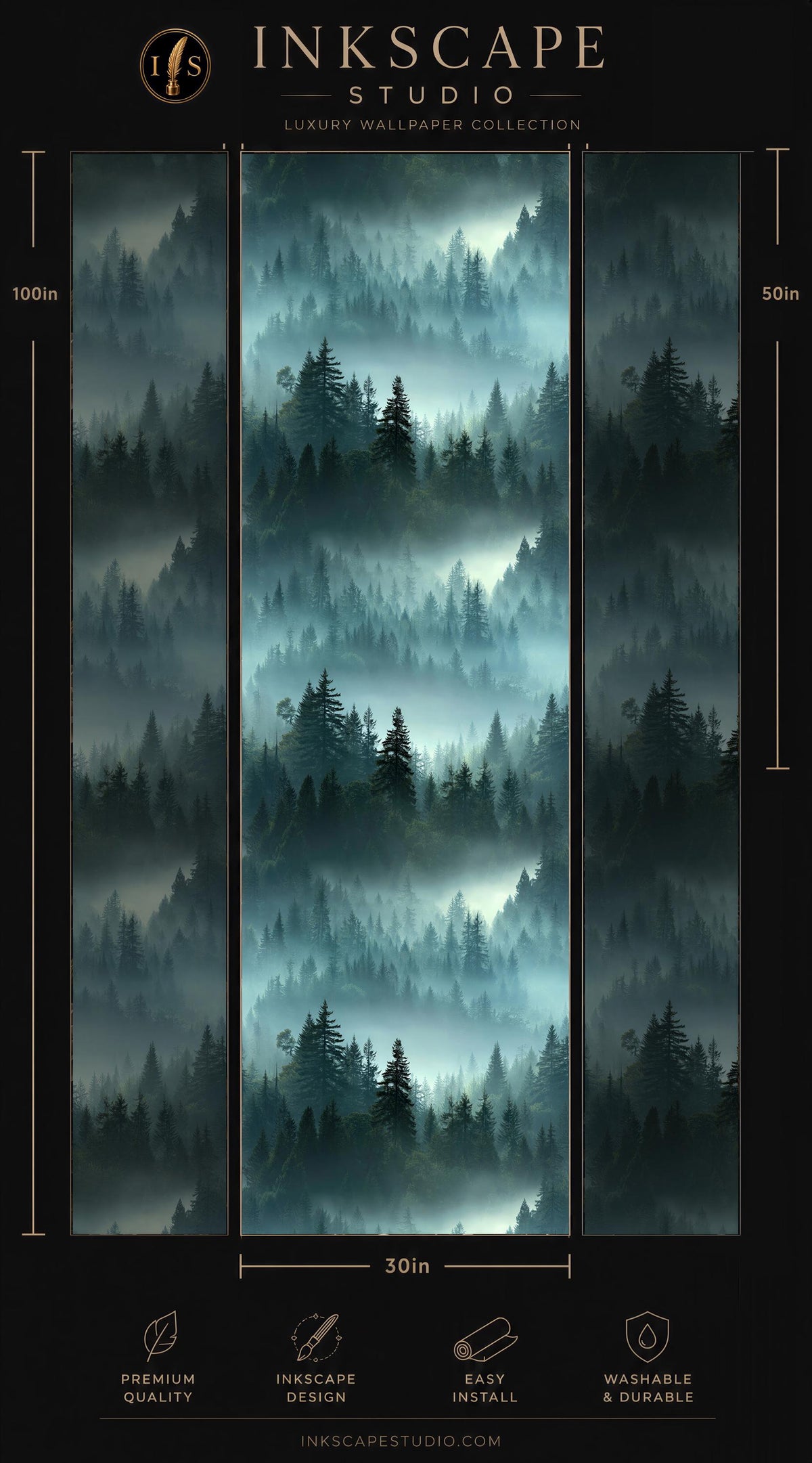 The image is a collage of three vertical images depicting a forest scene with a misty, foggy atmosphere. The images are arranged in a vertical format, with the tallest image on the left and the shortest on the right. The image on the left is labeled as a "Premium Quality" and the one on the right is labeled as a "Luxury Wallpaper Collection". The image on the right is labeled as "Easy to Install".
