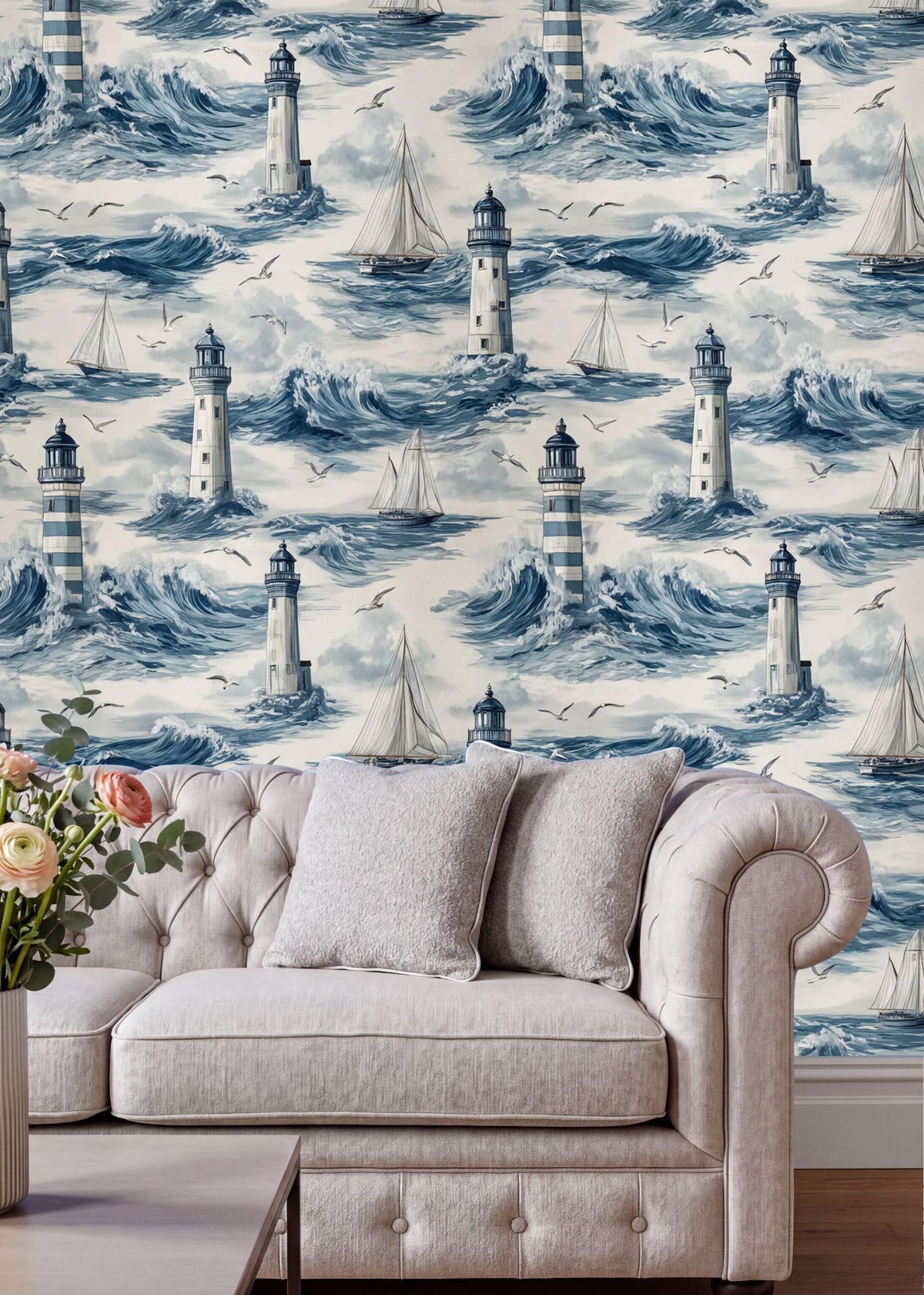 a living room with a white sofa and a coffee table. The sofa is positioned against a wall with a wallpaper pattern depicting lighthouse and sailboat illustrations.