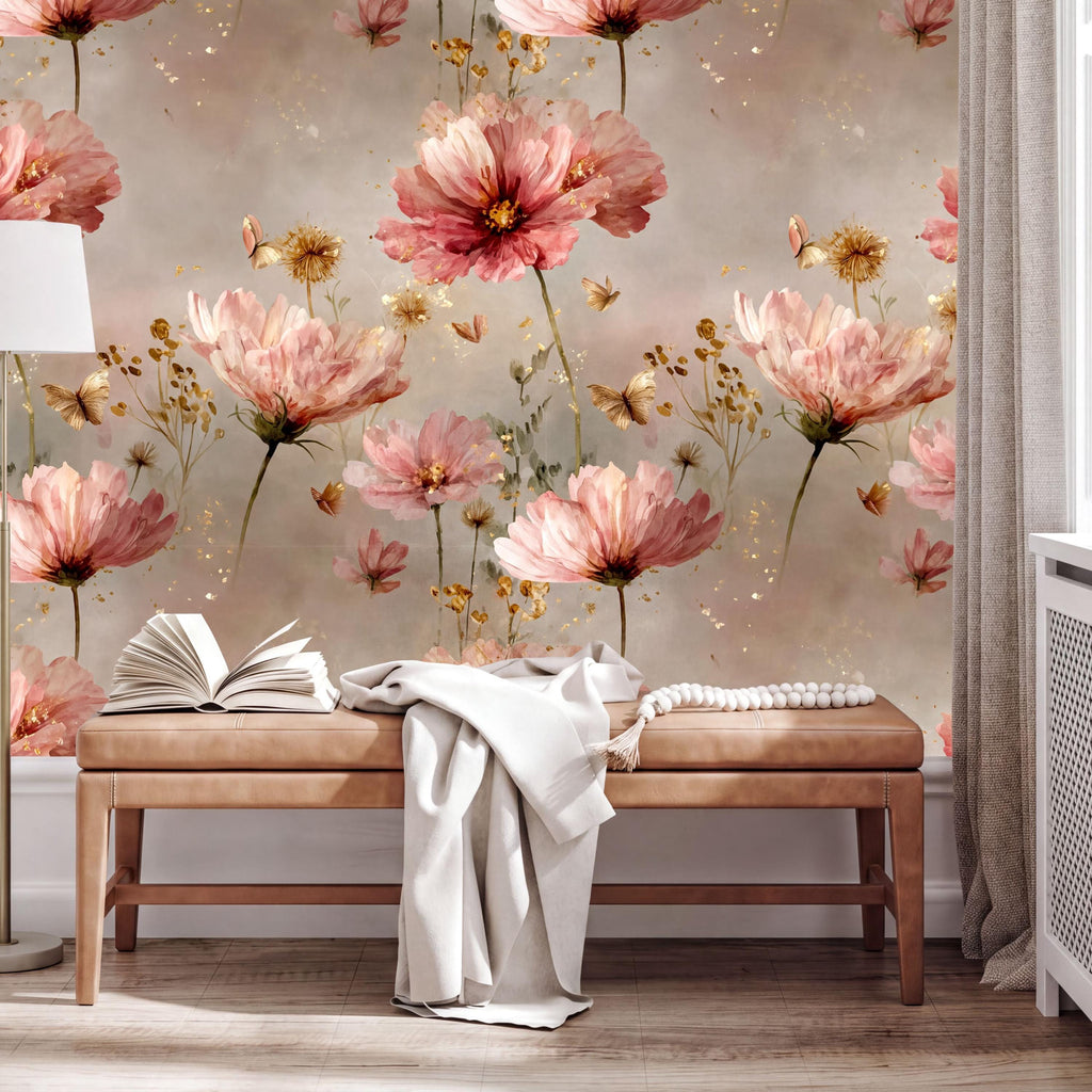 a wallpapered wall with a floral design, including pink and white flowers, along with some butterflies. In front of the wall, there is a wooden bench with an open book on it.