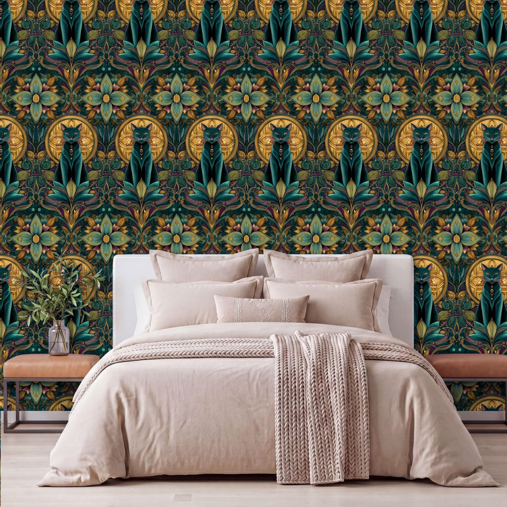 a large, ornate, and colorful wallpaper with a repeating pattern of cats and flowers in shades of green, yellow, and brown. The wallpaper covers the entire wall behind a bed with a white headboard and a beige comforter.