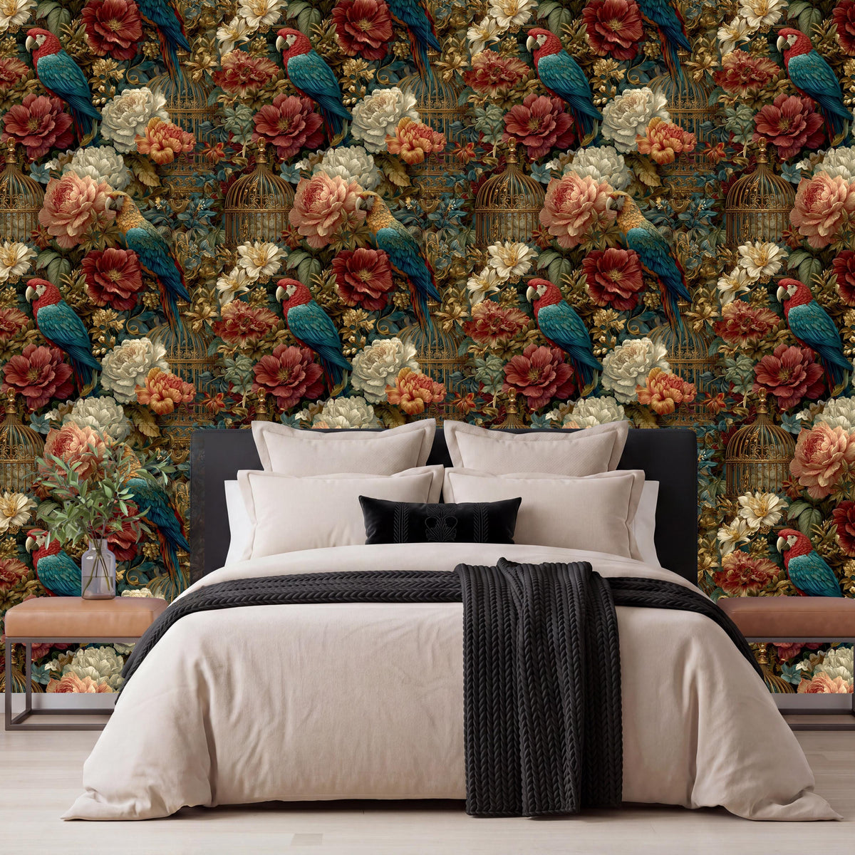 a bedroom with a large floral wallpaper behind the bed. The bed is dressed in white linens and has a black throw blanket. There is a wooden nightstand on one side of the bed, and a vase of flowers is placed on it.