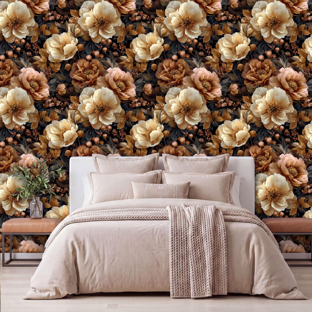 a bedroom with a large floral wallpaper covering the wall behind a bed. The bed is dressed in a beige bedspread and has several pillows. There is also a wooden nightstand on the left side of the bed.