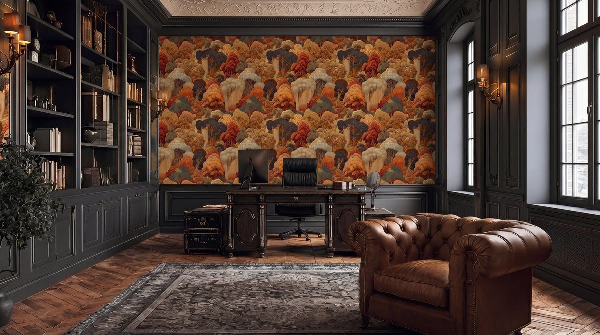 a luxurious and well-appointed home office with a large, colorful wallpaper featuring a repeating pattern of elephants. The room is furnished with a leather armchair, a wooden desk, and a large bookshelf filled with books. The overall design and decor create a sophisticated and elegant atmosphere.