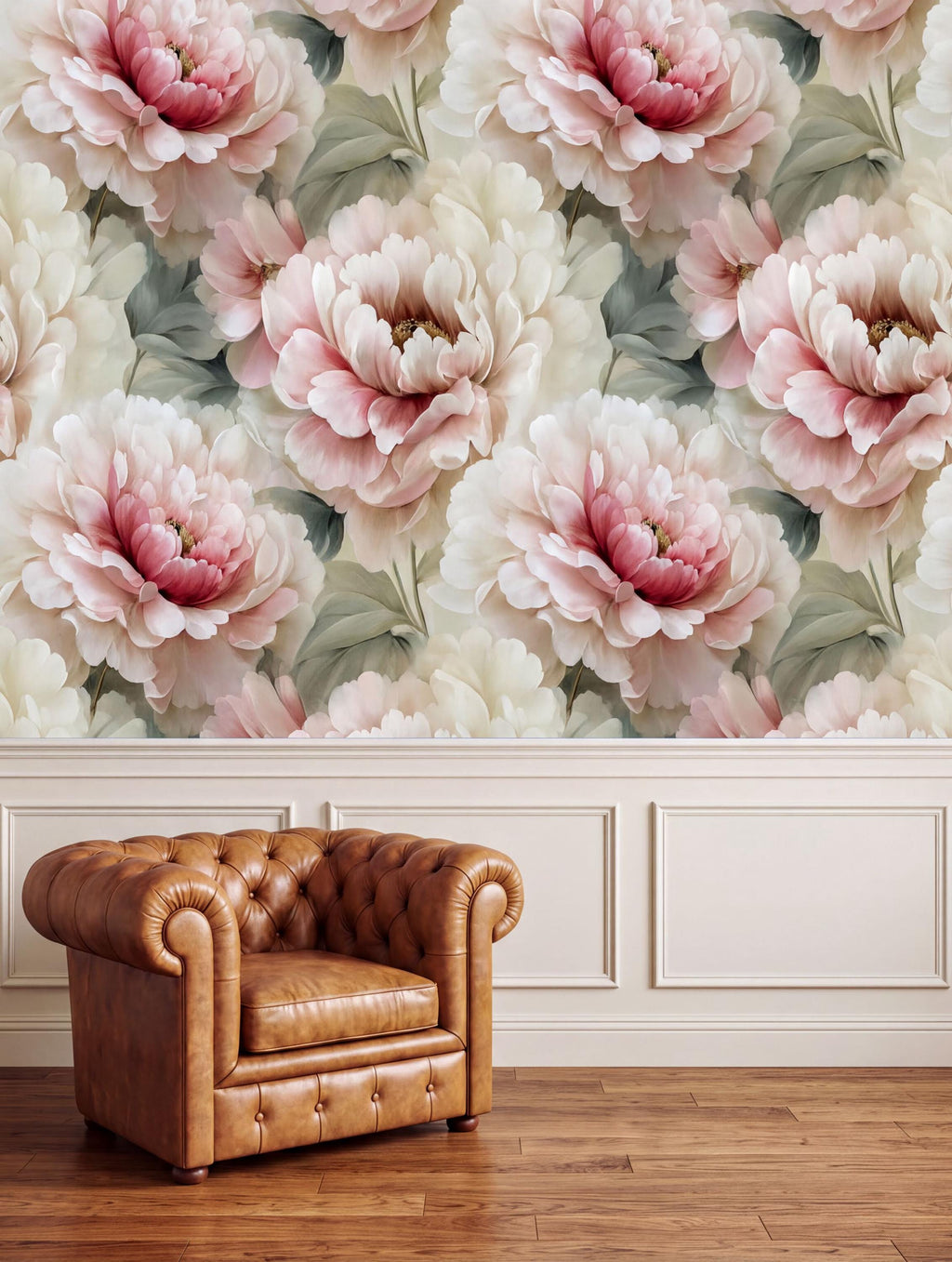 a large floral wallpaper with pink and white flowers, and a brown leather armchair positioned in front of the wallpaper.
