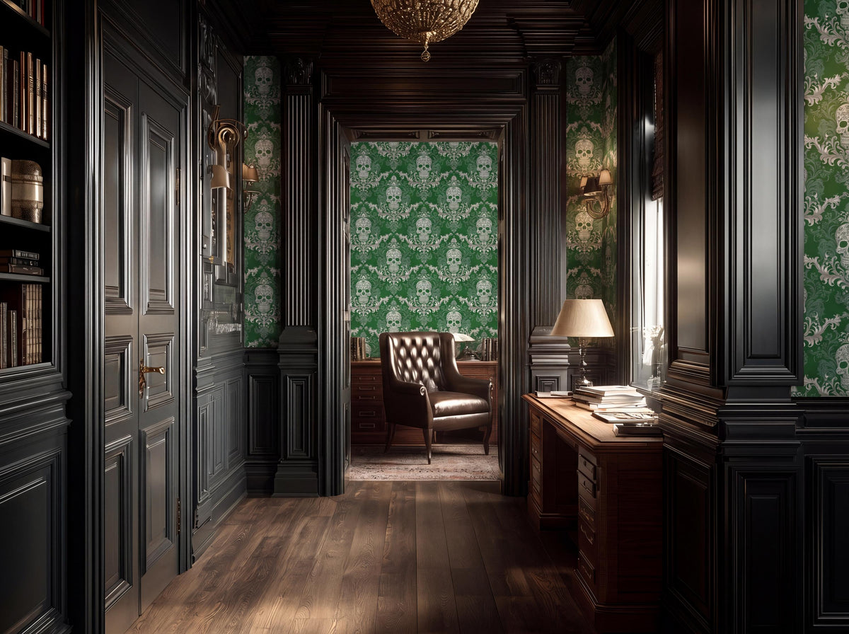a luxurious and ornate room with dark wood paneling, green wallpaper, and a chandelier hanging from the ceiling. The room features a desk with a lamp, a leather armchair, and a bookshelf filled with books.