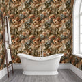 a bathroom with a white clawfoot bathtub in the center, surrounded by a floral wallpaper. A wooden ladder is leaning against the wall next to the bathtub.
