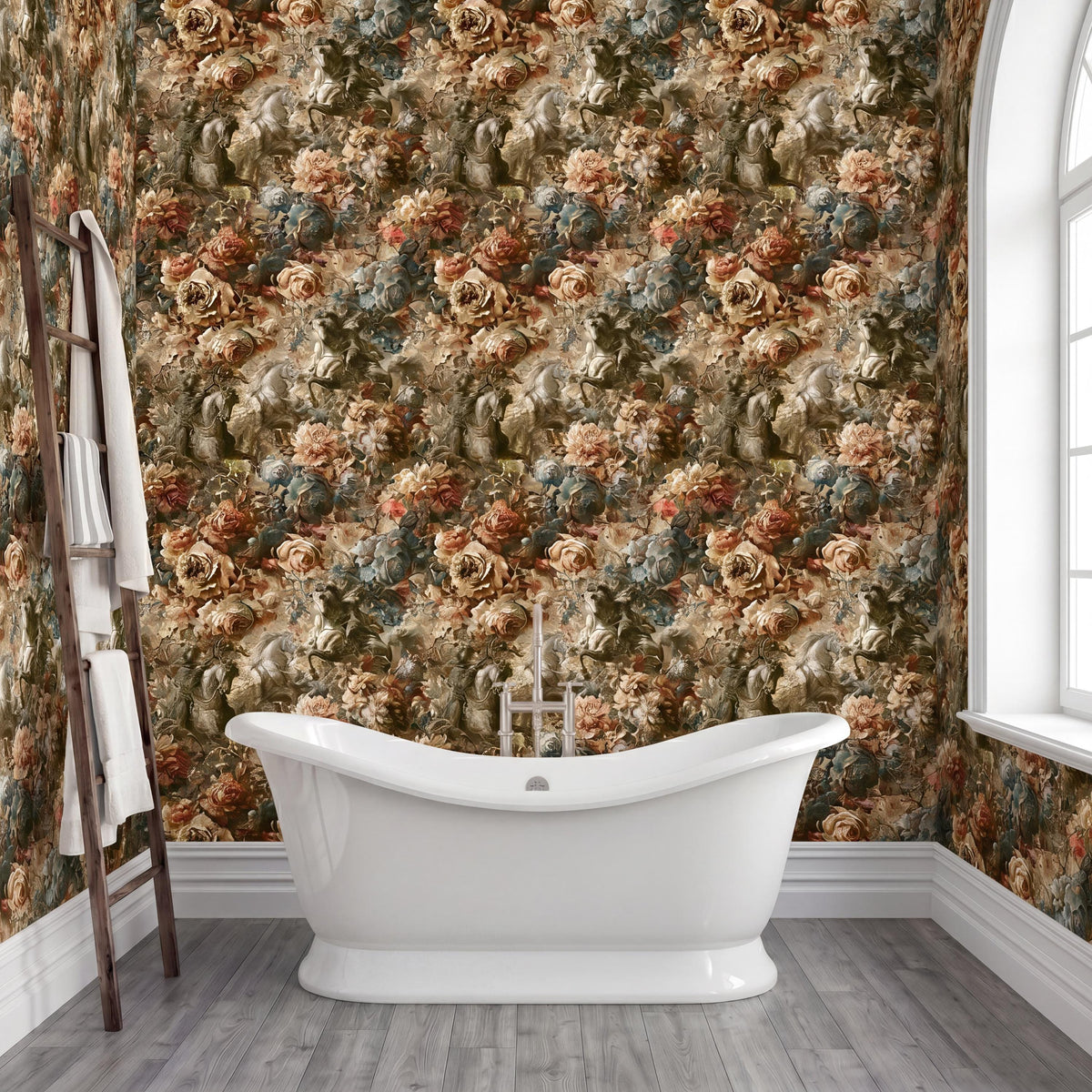 a bathroom with a white clawfoot bathtub in the center, surrounded by a floral wallpaper. A wooden ladder is leaning against the wall next to the bathtub.