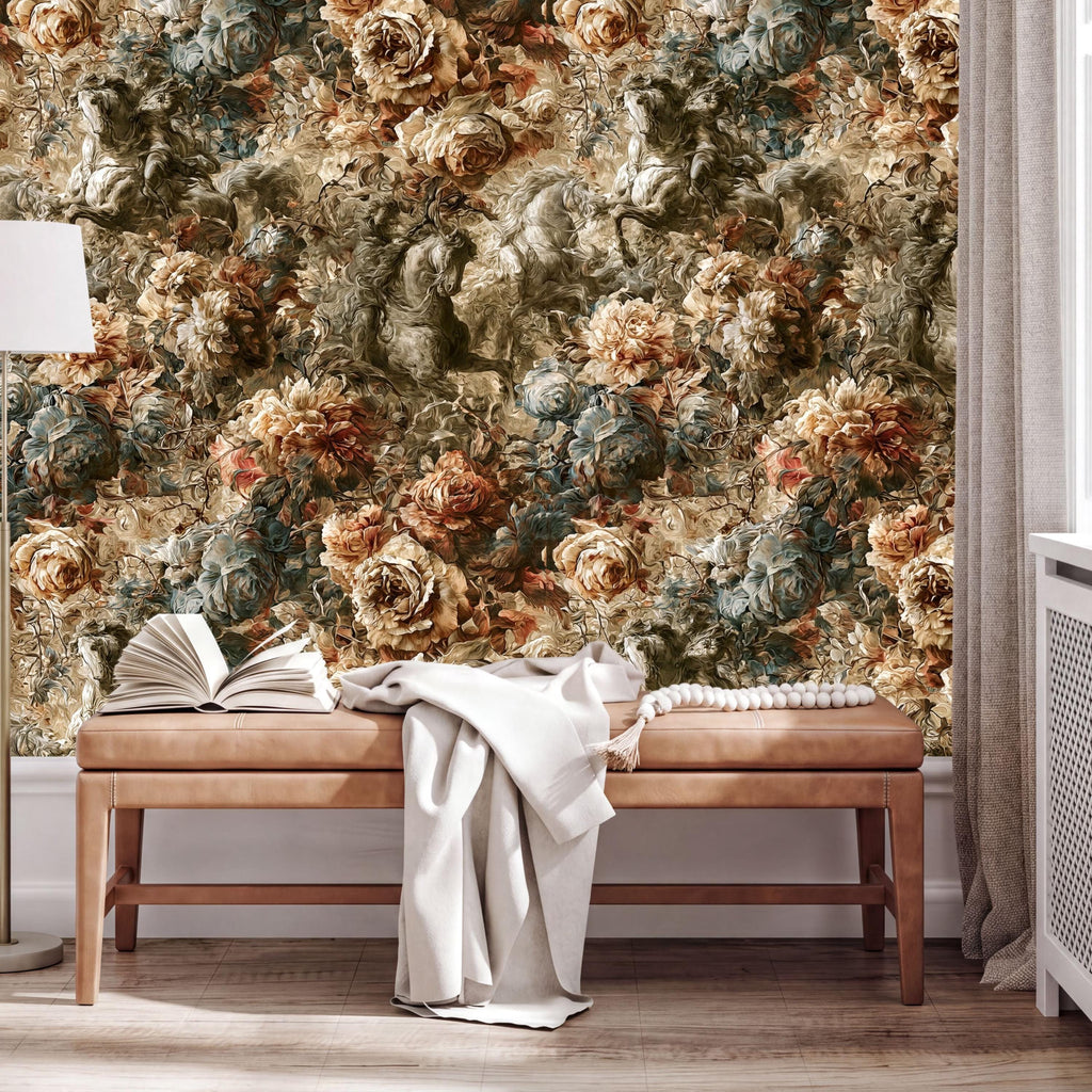 a wooden bench with an open book on it, set against a wall with a floral wallpaper.
