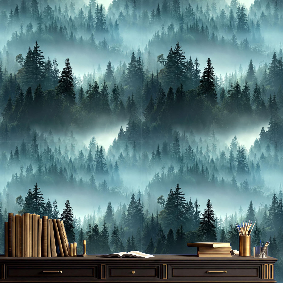 a serene forest scene with a misty, foggy background and a wooden desk with books and a cup of pens in the foreground.