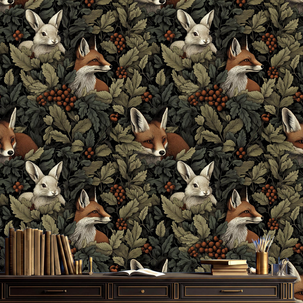 a wallpaper with a repeating pattern of foxes and rabbits, surrounded by leaves and berries. The wallpaper is set against a dark background, creating a sense of depth and texture. In the foreground, there is a wooden desk with a stack of books and a vase of flowers.
