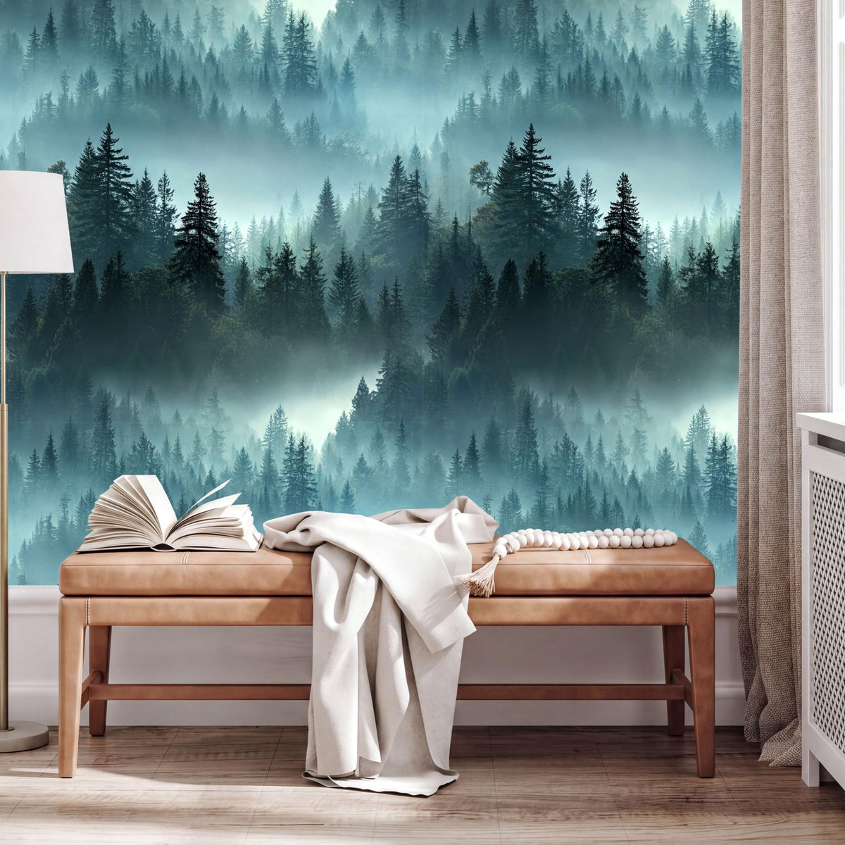 a wooden bench with an open book on it, situated in front of a large wall mural depicting a forest scene with misty mountains.