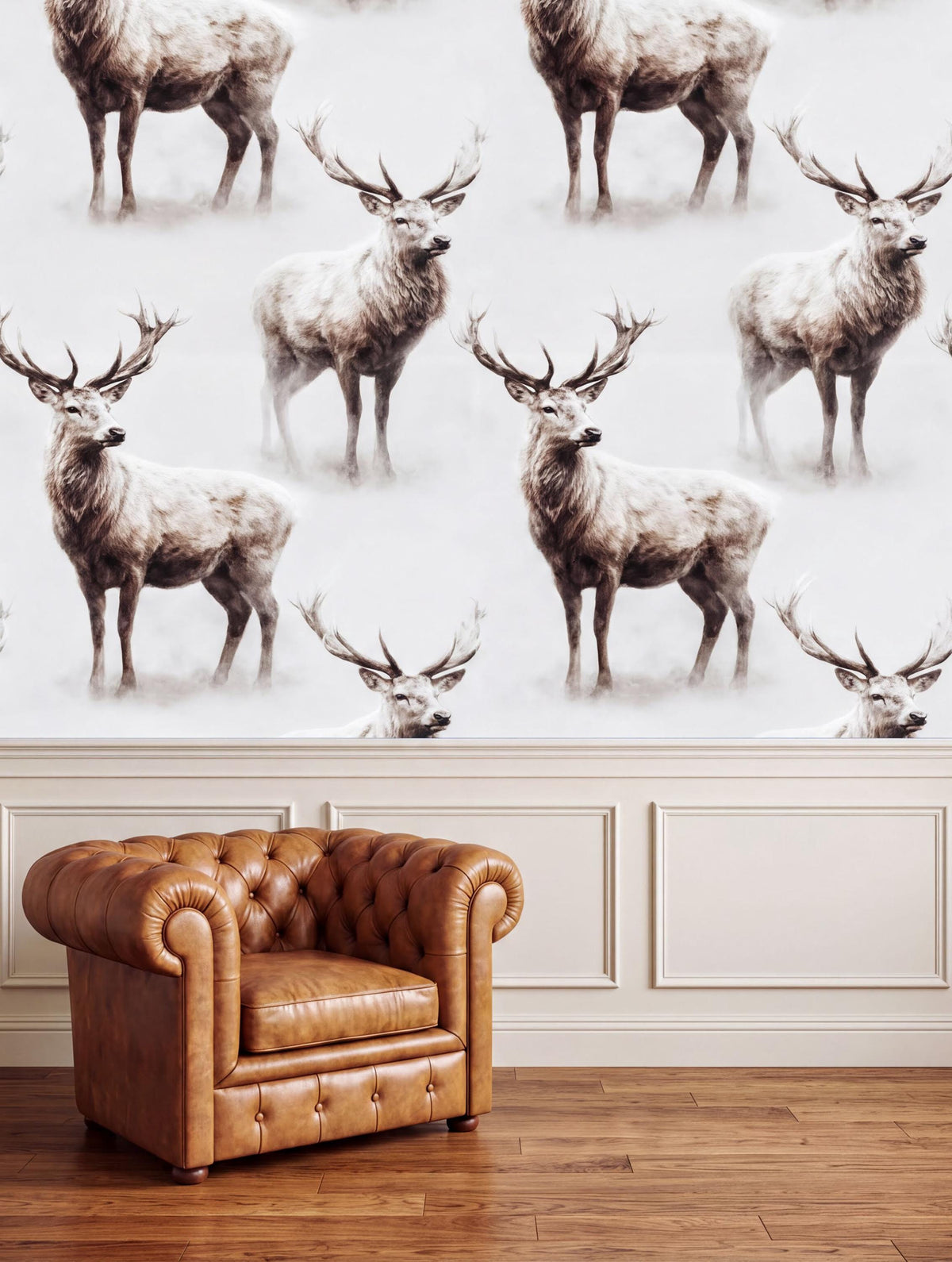a brown leather armchair positioned in front of a wall with a repeating pattern of deer silhouettes.