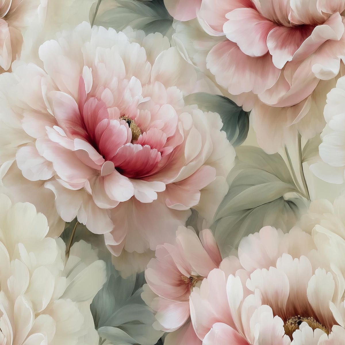 The image is a close-up of a beautiful arrangement of pink and white peonies, with their delicate petals and green leaves creating a serene and elegant floral display.