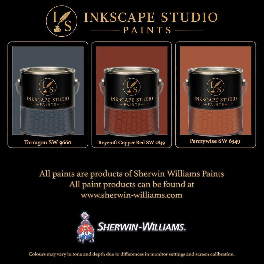The image is an advertisement for Sherwin Williams paints, featuring three different paint colors: Tarragon, Roycroft Copper, and Pennywise. The text highlights that all paints are products of Sherwin Williams Paints, and the website www.herwin-williams.com is provided for further information. The image also mentions that the colors may vary in tone and depth due to differences in monitor settings and screen calibration.
