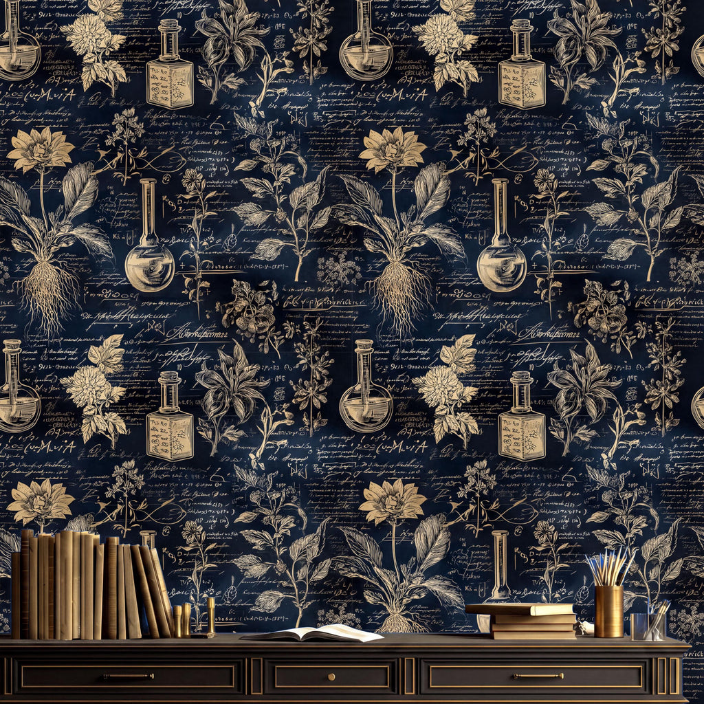 a dark blue wall with a repeating pattern of botanical illustrations and laboratory equipment, including vials, beakers, and other scientific instruments. The wall is adorned with gold text and illustrations, creating a striking contrast against the dark background. In the foreground, there is a wooden desk with a stack of books and a vase of flowers, adding a touch of elegance to the scene.