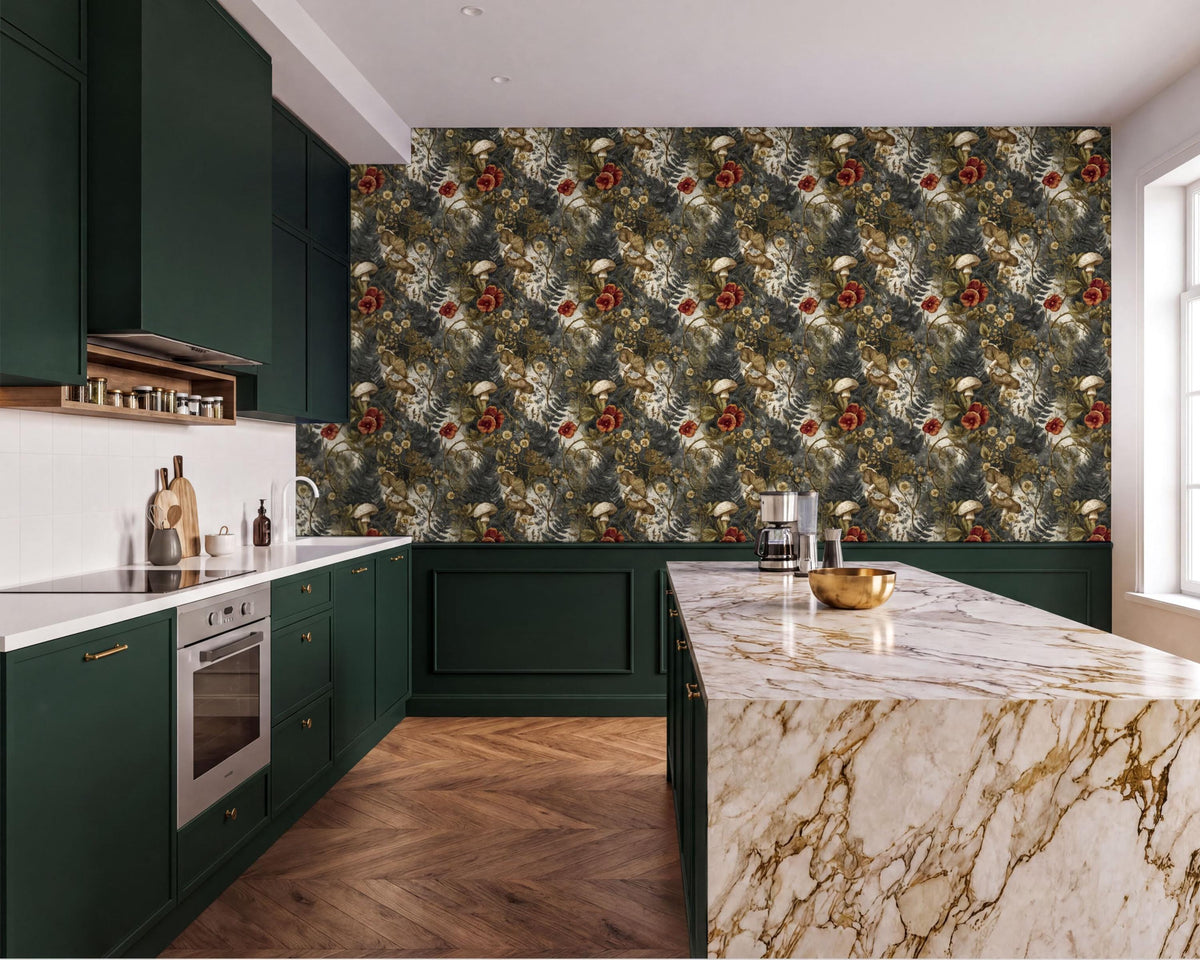 a modern kitchen with a marble countertop, dark green cabinets, and a large floral wallpaper on the wall.