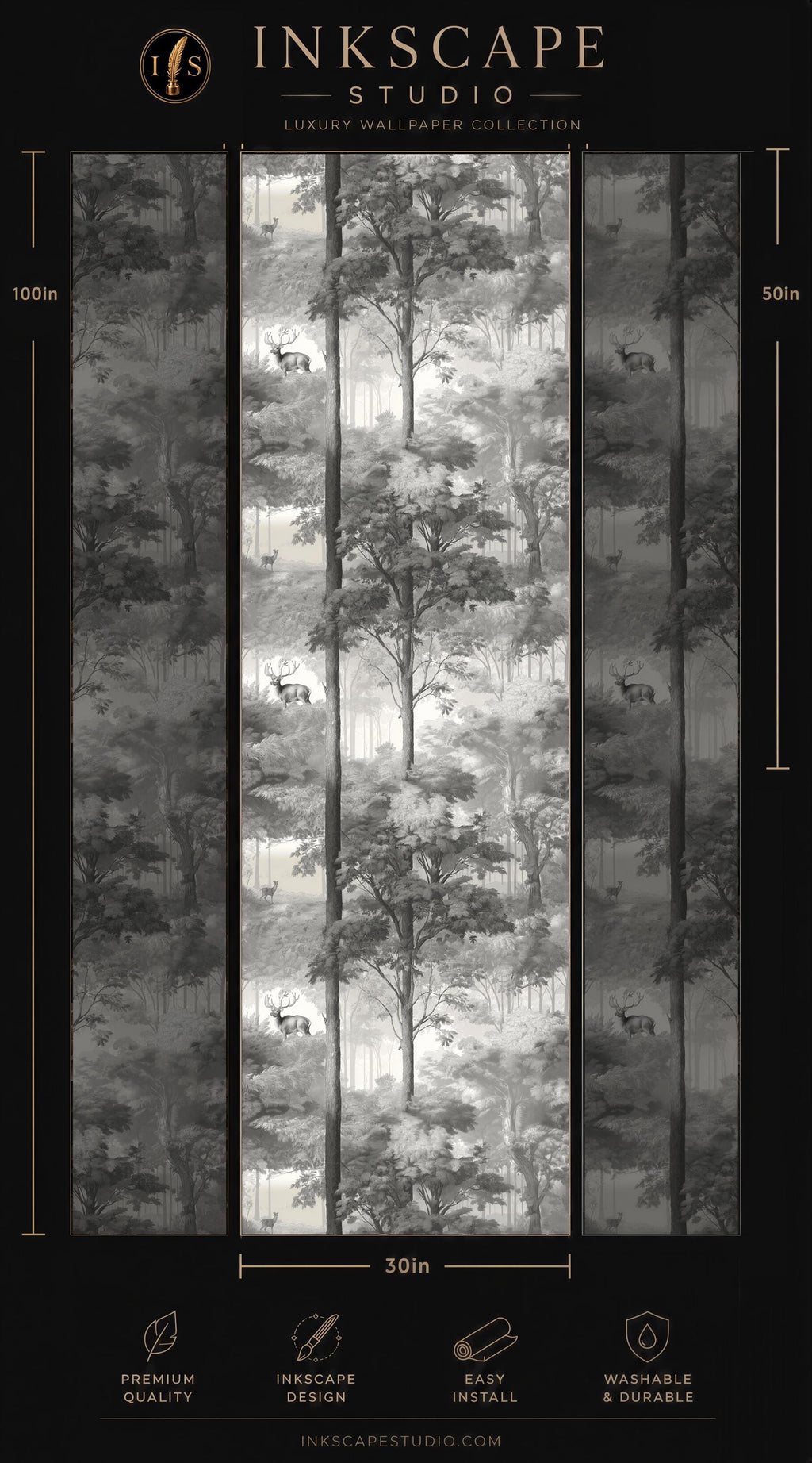 The image is a collage of three vertical images depicting a forest scene. The images are arranged in a grid format, with each image being 50 inches tall. The collage is part of the "Inkscape Studio" luxury wallpaper collection, which includes a 30in size. The collage features a black and white forest pattern, with deer visible in the image. The collage is designed to be used as wallpaper, and it is described as easy to install and washable.