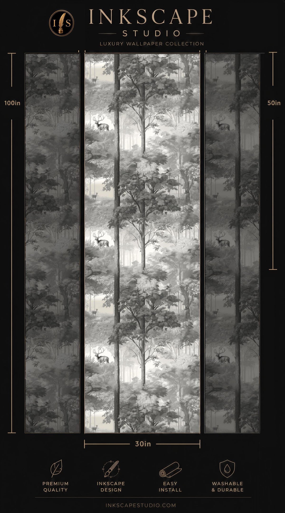 The image is a collage of three vertical images depicting a forest scene. The images are arranged in a grid format, with each image being 50 inches tall. The collage is part of the "Inkscape Studio" luxury wallpaper collection, which includes a 30in size. The collage features a black and white forest pattern, with deer visible in the image. The collage is designed to be used as wallpaper, and it is described as easy to install and washable.