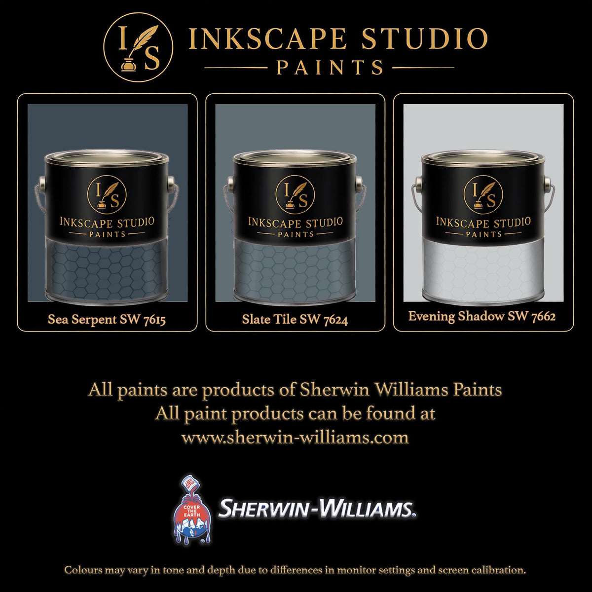 The image is an advertisement for Sherwin Williams paints, featuring three different paint color samples from the Inkscape Studio Paints collection.