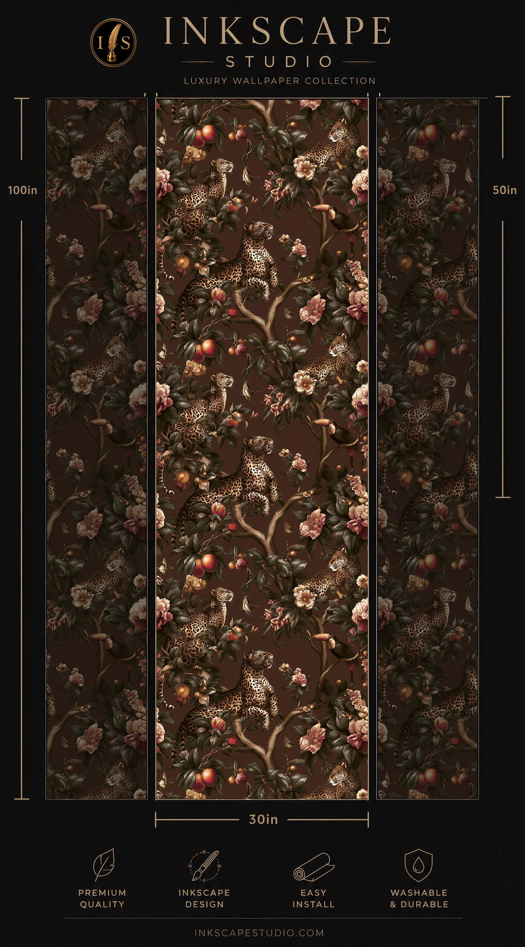 The image is a collage of three images showcasing a luxurious wallpaper pattern featuring a floral and animal motif. The wallpaper appears to be a dark brown color with a rich, detailed design. The images are arranged in a vertical format, with the top image being the largest and the bottom image being the smallest. The image is labeled as part of the "LUXURY WALLPAPER COLLECTION" from the "INKSCAPE STUDIO" brand.