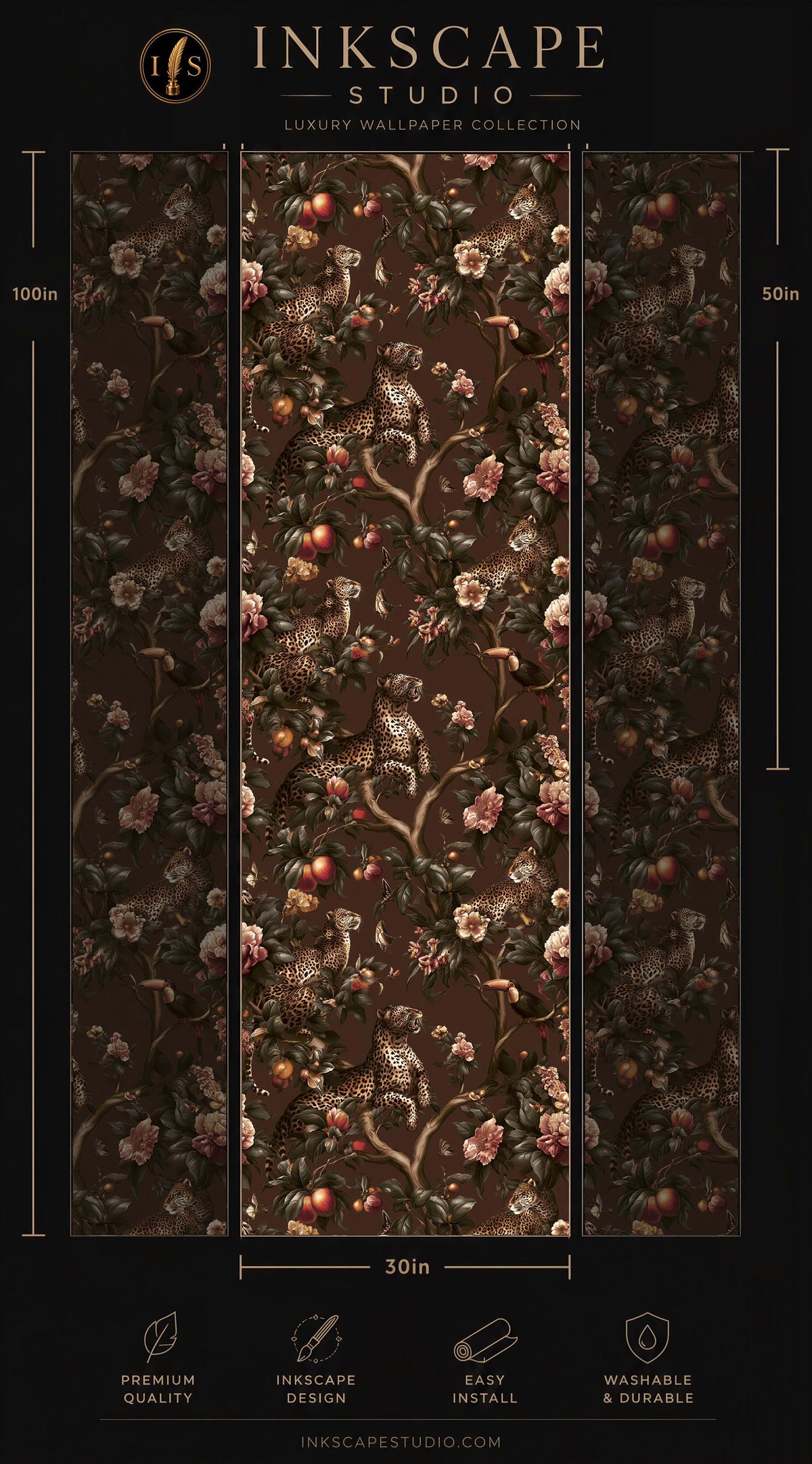 The image is a collage of three images showcasing a luxurious wallpaper pattern featuring a floral and animal motif. The wallpaper appears to be a dark brown color with a rich, detailed design. The images are arranged in a vertical format, with the top image being the largest and the bottom image being the smallest. The image is labeled as part of the "LUXURY WALLPAPER COLLECTION" from the "INKSCAPE STUDIO" brand.